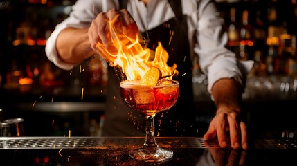 A bartender flaming a cocktail for added drama
