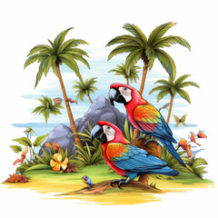 Two Parrots Painting, Tropical Island. Generative AI