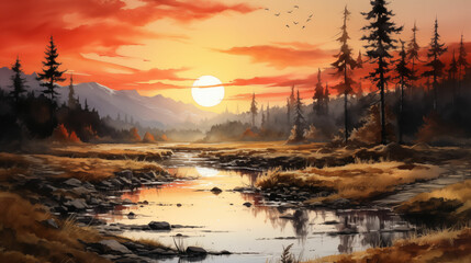 Sunset Over River Painting. Generative AI