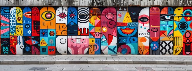 Fototapeta premium Vibrant and playful street art mural on an urban wall, featuring a multitude of abstract characters and patterns in vivid colors.