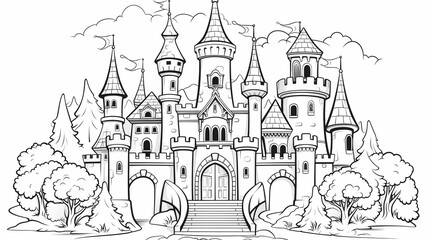 Majestic Castle With Stairs and Towers in Forest. Generative AI