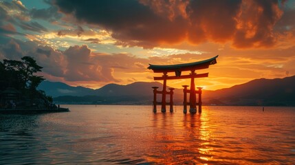 beautiful sunset over a lake with a Torii Gate in the foreground. Torii Gate is illuminated by the...