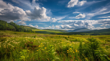 Fototapeta na wymiar Serene Summer Meadows With Rolling Hills and Billowing Clouds at Midday. AI.