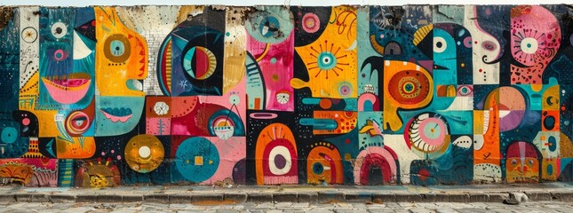 Fototapeta na wymiar Vibrant street mural with abstract patterns and whimsical characters on an urban wall.