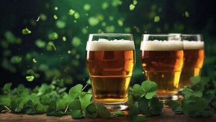 Saint Patrick's day green beer in the evening pub, clover leaves on the top created with generative ai.