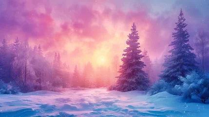 Fototapeten Enchanted Winter Landscape, Snows Gentle Embrace, A Christmas Fantasy Painted in Frosty Hues © Taslima