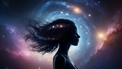 Woman's silhouette within the cosmic expanse, surrounded by the outer space of galaxies and the effulgent energy stream. Symbolizes the concept of feminine vitality created with generative ai