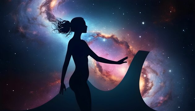 Woman's silhouette within the cosmic expanse, surrounded by the outer space of galaxies and the effulgent energy stream. Symbolizes the concept of feminine vitality created with generative ai