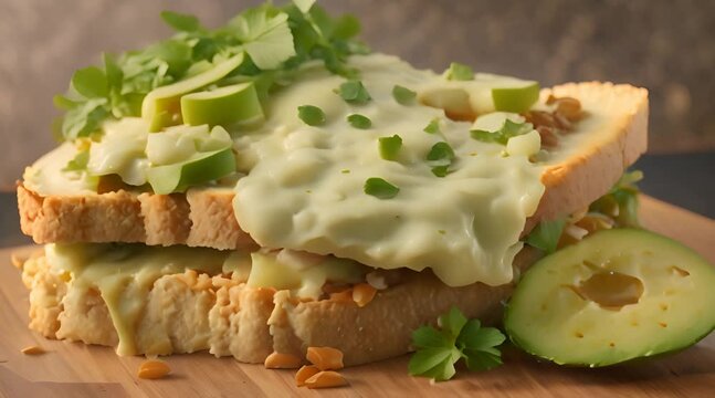 Baked beans on toast with cheese and cilantro adding avocado on top of the sandwich recipe process video