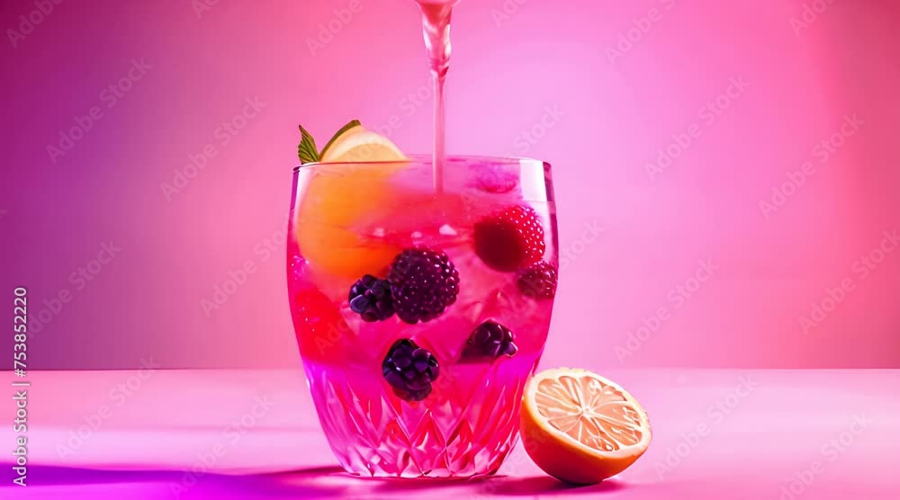Poster spring or summer refreshing cold cocktail or mocktail with berries and lemon raspberry lemonade bein