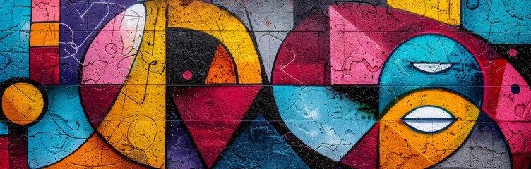 Colorful abstract graffiti on concrete, showcasing geometric shapes and faces.