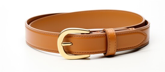 A tan leather belt with a gold buckle is displayed against a neutral background. The durable leather material is crafted with precision, and the gold buckle adds a touch of elegance.