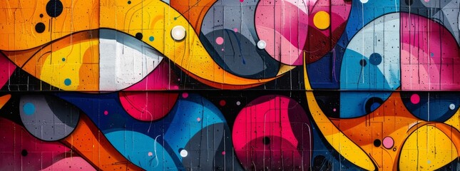 Colorful abstract street art with dynamic shapes and bold lines on a textured wall.