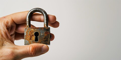 Hand holding a rusty padlock on white background