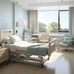 modern hospital room with an empty bed and chair