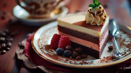 A slice of chocolate cake on a plate, garnished with raspberries and blueberries. A fork is placed on the right side of the plate.