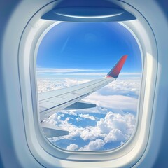 Serene sky view from airplane window. Tranquil view of the wing and cloudscape as seen through an airplane window
