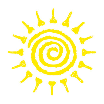 Hand painted sun symbol, hand drawn with crayon. Png clipart isolated on transparent background