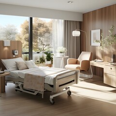modern hospital room with an empty bed and chair