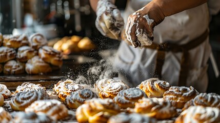 A baker dusting powdered sugar over freshly baked pastries