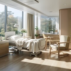 modern hospital room with an empty bed and chair