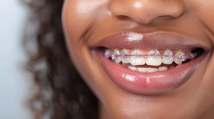 close up of a woman smiling teeth with braces - obrazy, fototapety, plakaty