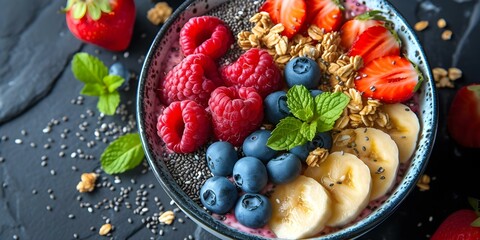 Obraz na płótnie Canvas Vibrant Vegan Breakfast Featuring Fresh Fruits and Crunchy Chia on a Marble Surface. Concept Vegan Recipes, Fresh Fruits, Chia Seeds, Marble Surface, Healthy Breakfast