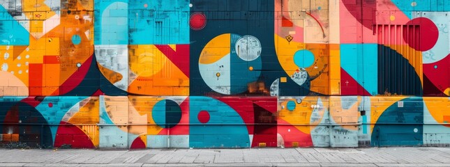 Abstract urban street art with a colorful montage of geometric shapes and patterns.