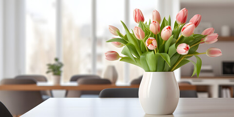 Vase with fresh tulip flowers on dinning table,  modern kitchen in Scandinavian interior style in background