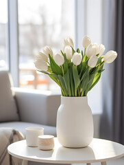 White tulip flowers in a vase on table, living room interior design with grey sofa in background