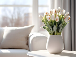 White tulip flowers in a vase on table, big window living room in background