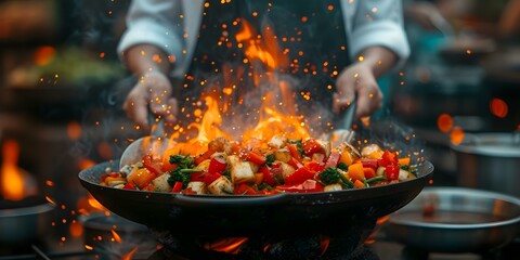Chef skillfully cooks vegetables outdoors using flambe technique with flaming wok in slow motion. Concept Outdoor Cooking, Flambe Technique, Slow Motion, Chef Skills, Vegetables - obrazy, fototapety, plakaty