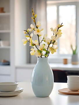 Fototapeta Vase with fresh spring flowers on dinning table,  modern kitchen in Scandinavian interior style in background