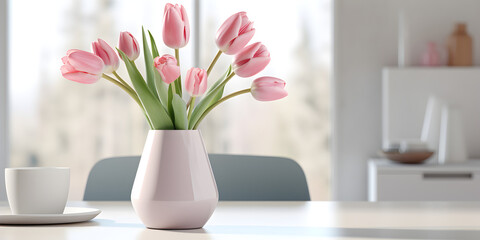 Pink tulip flowers in a vase on kitchen table,  modern kitchen interior style in background