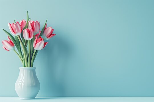 Fresh cut tulip flowers in vase on blue background
