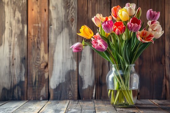 Fresh cut tulip flowers in vase on wooden background