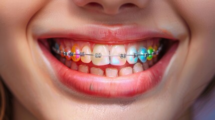 Fototapeta premium Close-up of teeth with multicolor braces