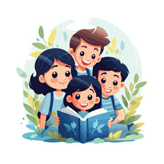 Illustration of a Group of boy and girl reading a book