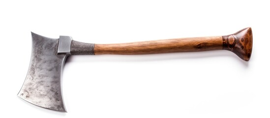 A large axe with a sturdy wooden handle is placed against a clean white background. The axes sharp blade and detailed handle are prominently displayed in the image. - obrazy, fototapety, plakaty