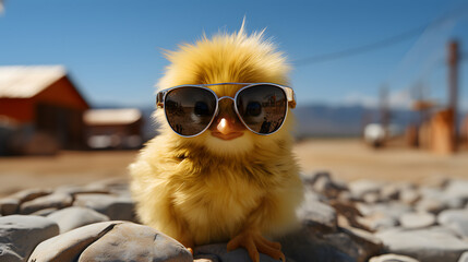 yellow chick wearing silly sunglasses. cute chick