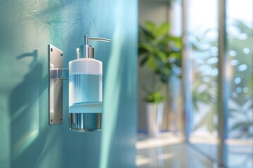 Modern hand sanitizer dispenser hanging on wall - obrazy, fototapety, plakaty