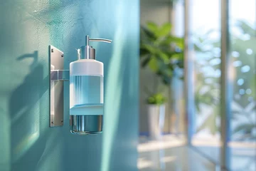Fotobehang Modern hand sanitizer dispenser hanging on wall © Alina