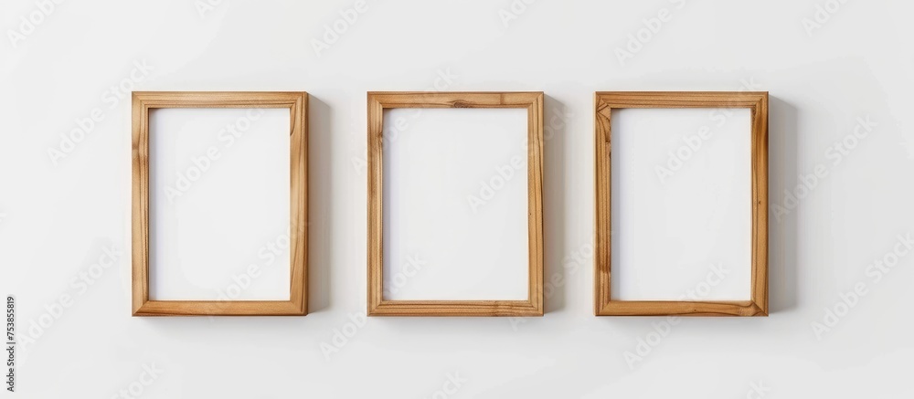 Poster three wooden frames, devoid of photos or artwork, are suspended on a wall. the frames vary in size a