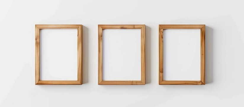 Three wooden frames, devoid of photos or artwork, are suspended on a wall. The frames vary in size and shape, creating a simple yet visually interesting display.