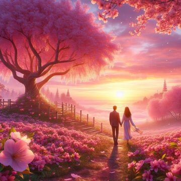 Garden of heaven, Couple in field with sakura tree flower at sunrise or sunset sky,3d rendering