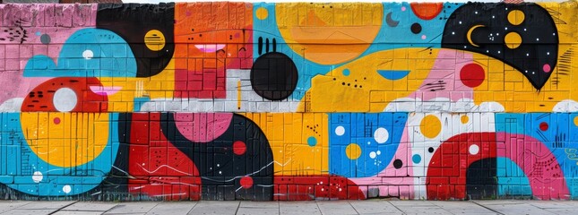 Colorful abstract mural with organic shapes and playful patterns on a corrugated wall.