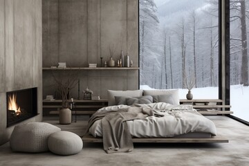 Cozy gray bedroom with bed and a minimalist fireplace, with large windows overlooking winter forest