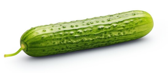 A vibrant green cucumber covered in glistening water droplets, isolated on a white background. The cucumber looks fresh and crisp, with the droplets adding a touch of freshness.