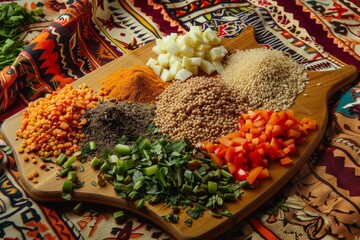Vibrant Global Cuisine - Spices, Grains, and Vegetables on Textile Background