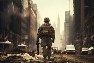 Faceless soldier in destroyed city ruins, post apocalyptic war concept art with military personnel.